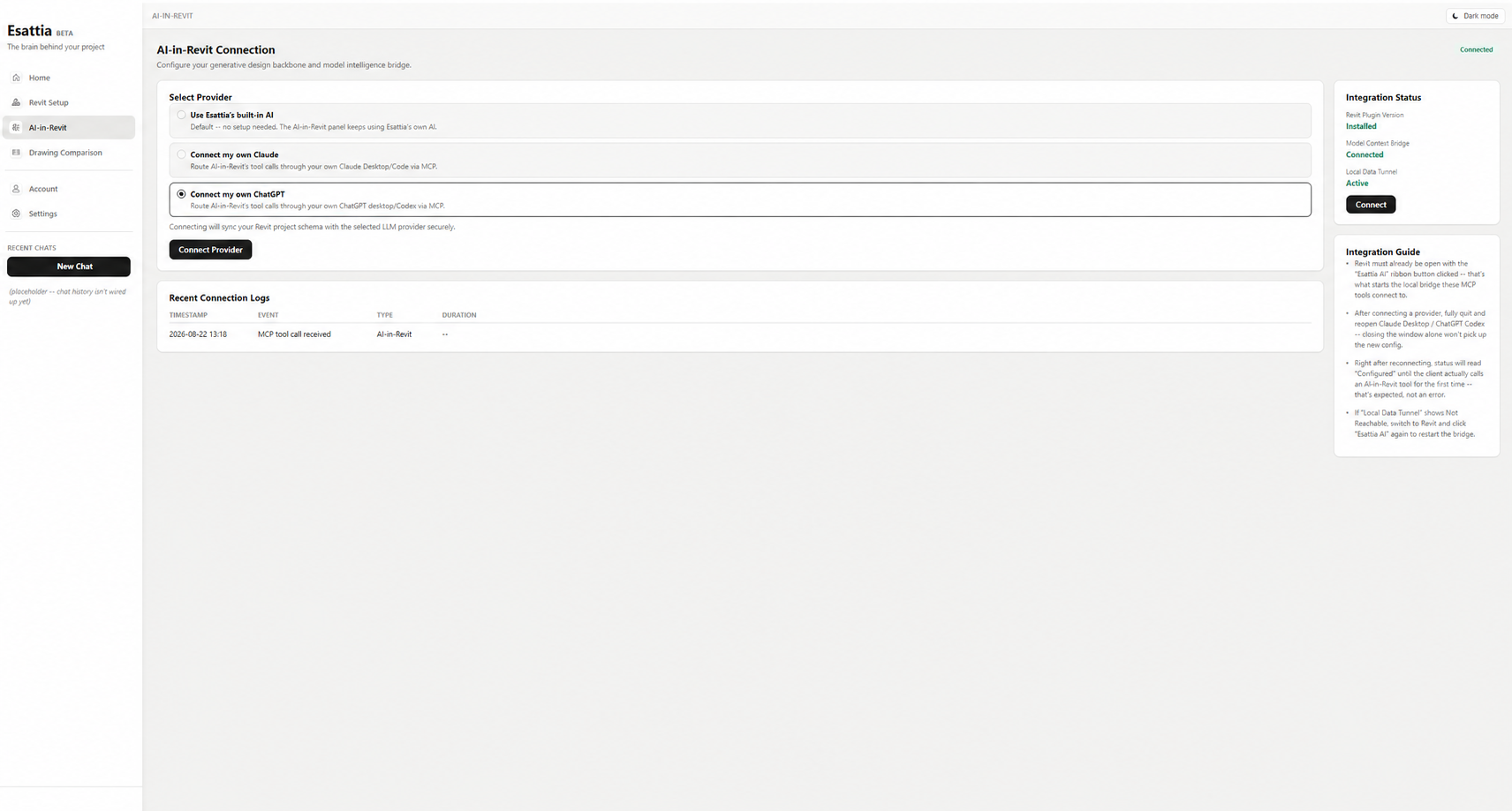 Esattia AI-in-Revit interface showing built-in AI and MCP connection options
