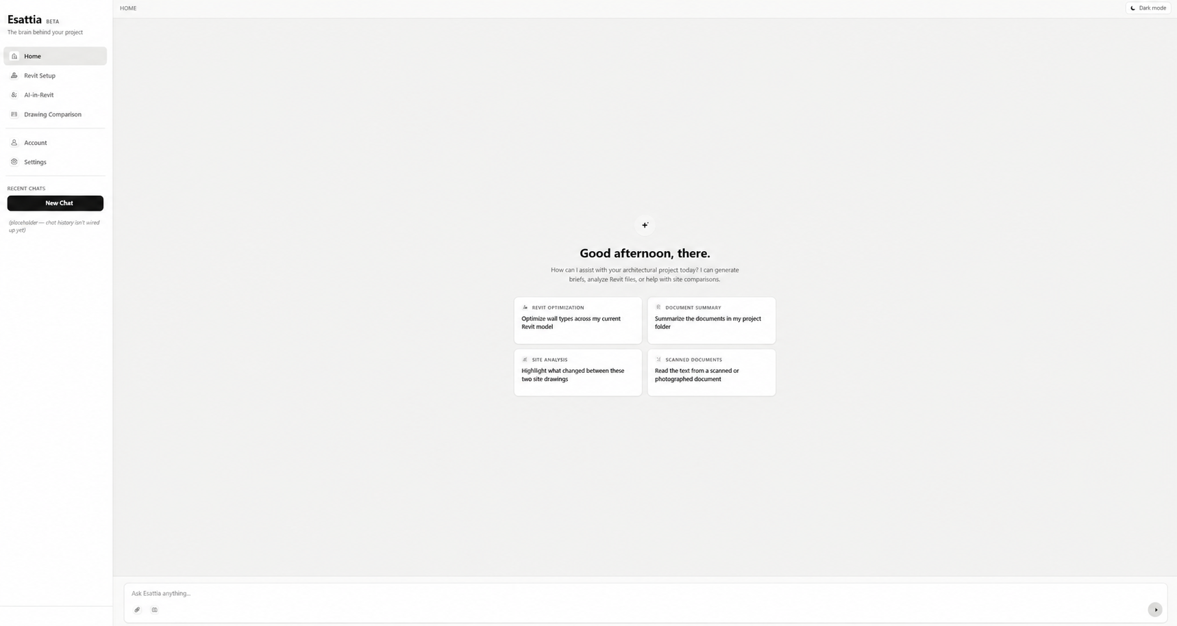 Esattia Home AI interface for directing Revit and project review workflows