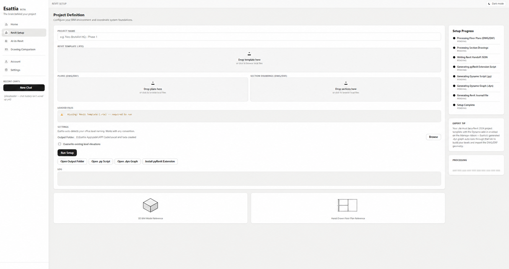 Esattia Revit Setup interface for preparing a structured project starting point